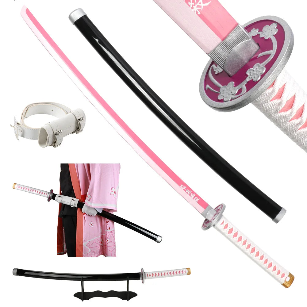 104cm Demon Slayer Katana Sword Kimetsu no Yaiba Wooden Cosplay Anime Weapon Sword Toy Katanas with Display Stand and Belt