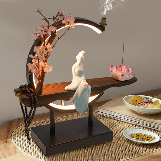 Backflow Incense Burner, Ceramic Peach Blossom Design, LED Light, Stress Relief, Meditation, Home Décor