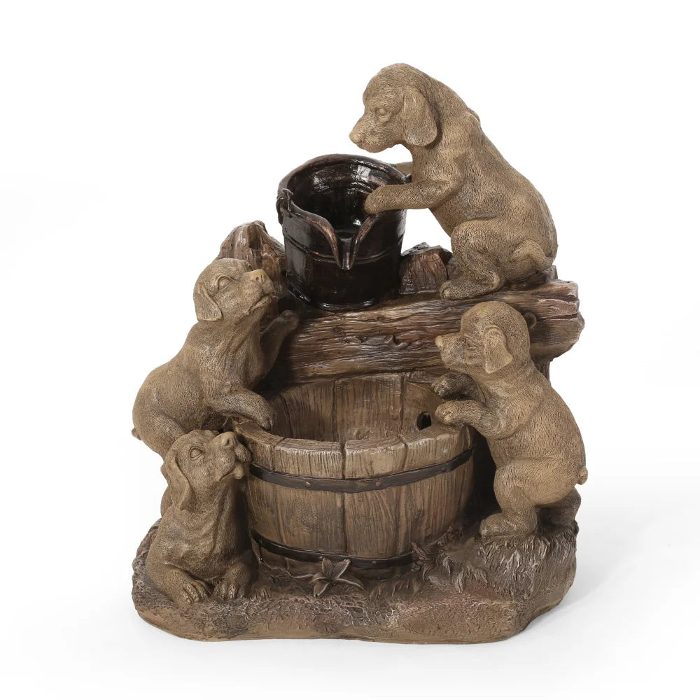 22.75 Inch Water Fountain High Handcrafted Polyresin Outdoor Waterfall Feature With LED Lights And Puppy Design For Garden Decor