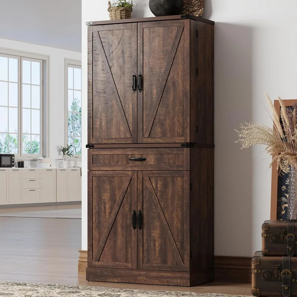 71" Tall Kitchen Pantry Cabinet with 3 Drawers,Farmhouse Storage Cabinet with 6 Barn Door Shelves,with Load-Bearing Steel Pipe