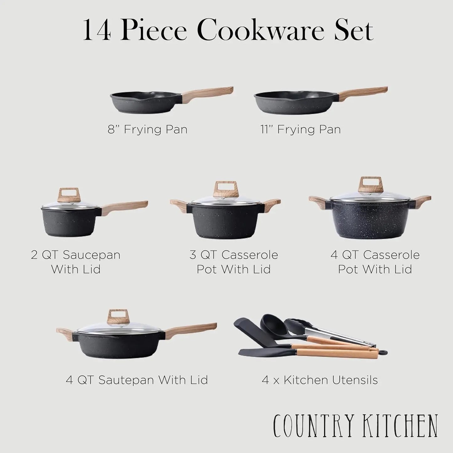 Cast Aluminum Cookware Set With Utensils 14 Piece Nonstick
