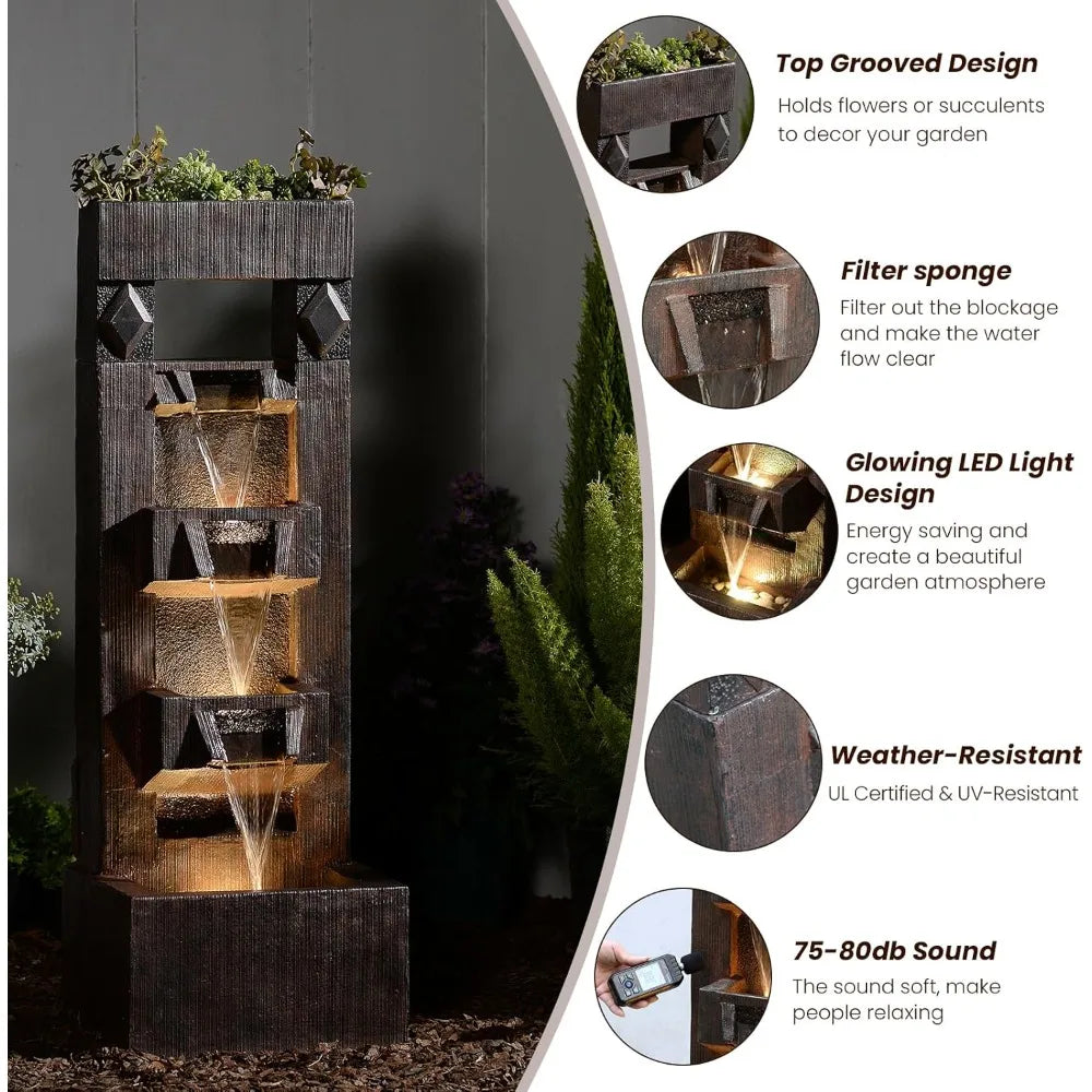 40.9 H 4-Tier Indoor/Outdoor Modern Water Fountain with Led Lights and Pump, Outdoor Freestanding Cascading Waterfall - Suitable