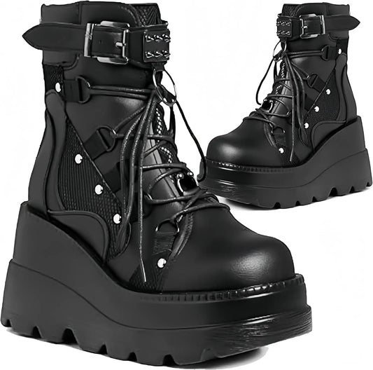 Women Goth Wedge Combat Boots Buckle Lace Up Zipper