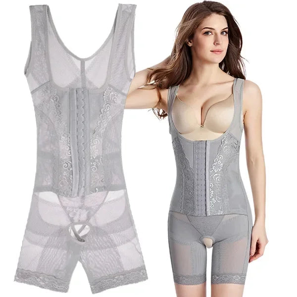 Three-Row Button Bodysuit Open-Crotch Pressure Abdomen Net Lace Body Shaping Underwear Thin Summer Suitable for Men And