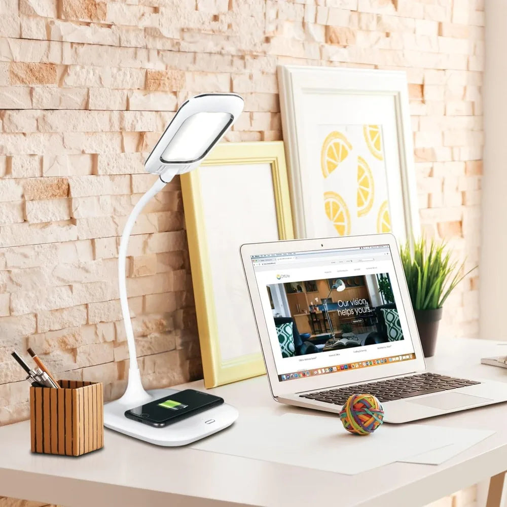 LED Desk Lamp with Wireless Charging - Designed to Reduce Eyestrain - Adjustable Flexible Neck, 3 Color Modes & Touch