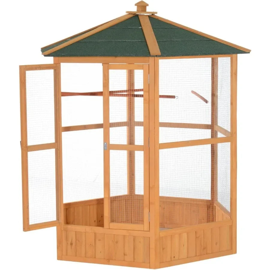 69 Large Wooden Hexagonal Outdoor Aviary Flight Bird Cage with Covered Roof Ideal for Backyard Bird Enthusiasts Provides Shelte