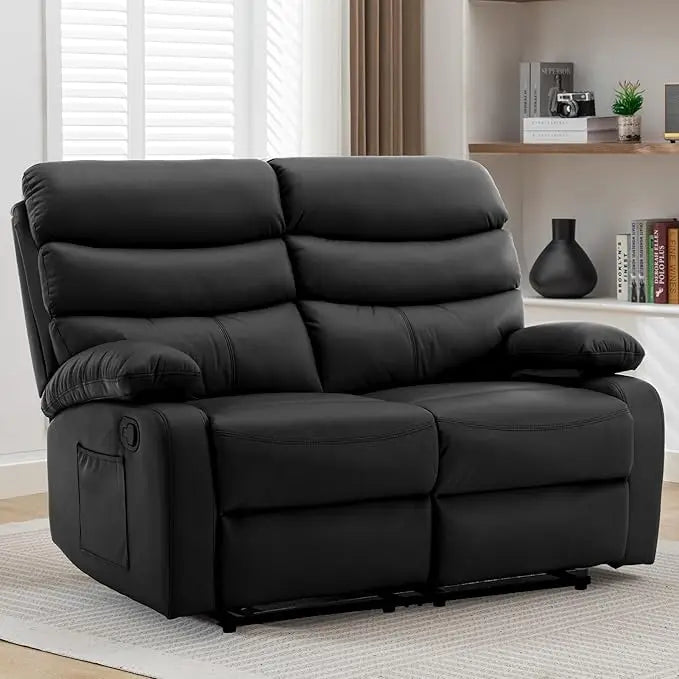 Recliner Sofa, Small Sofa Couch, PU Leather Reclining Sofa 2-Seater Manual Double Seater Recliner with Side Pockets