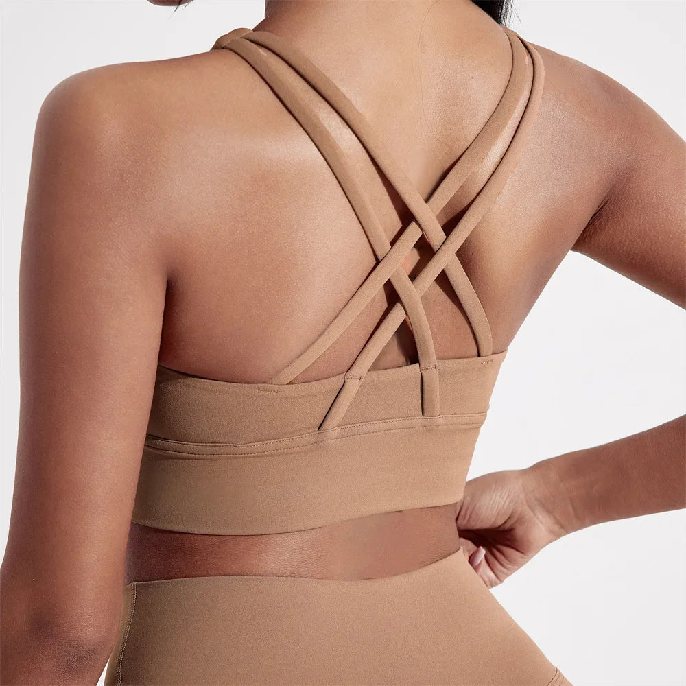 Solid Color Women Cross back Fitness sport Bra high strength Tight Top Comprehensive Training Gym Yoga Underwear With Chest Pad