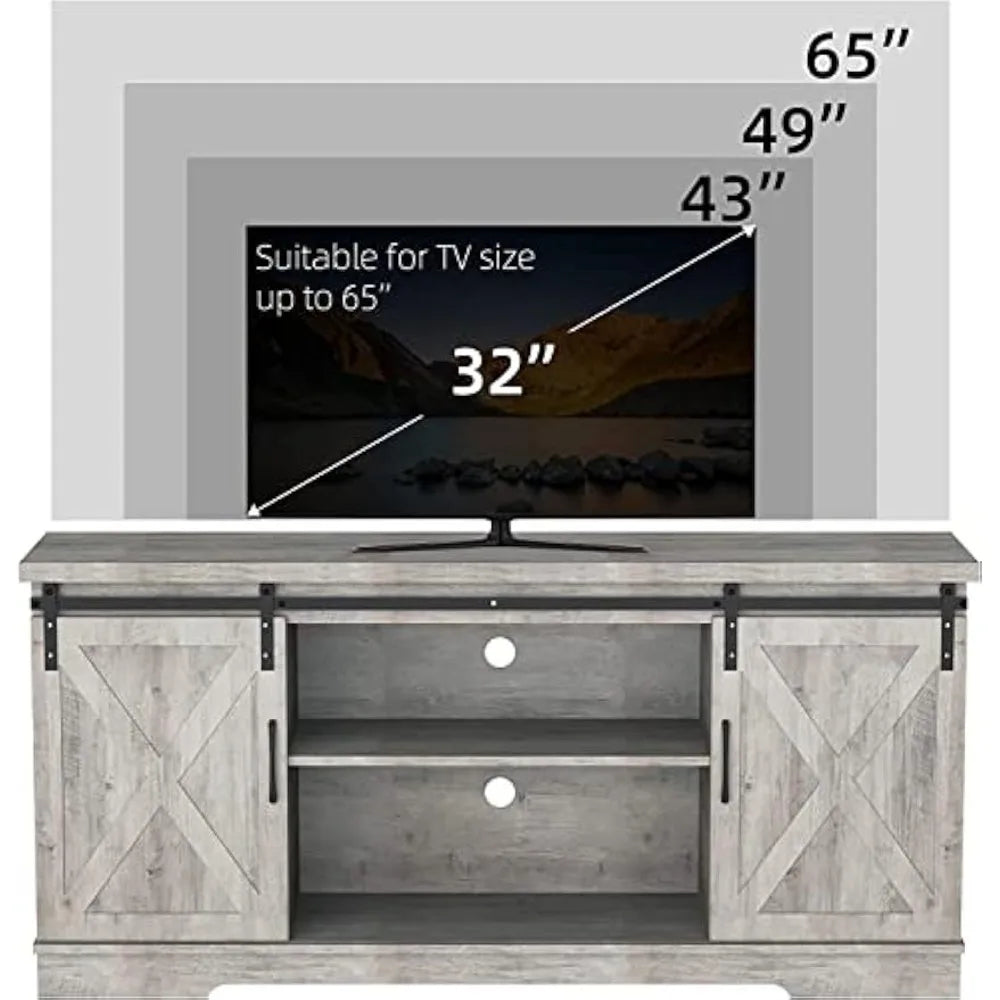 Grey Farmhouse Cabinet, 65 Inch TV Stand with Storage, Barn Doors and Shelves, Modern TV Console Table Furniture for Living Bed