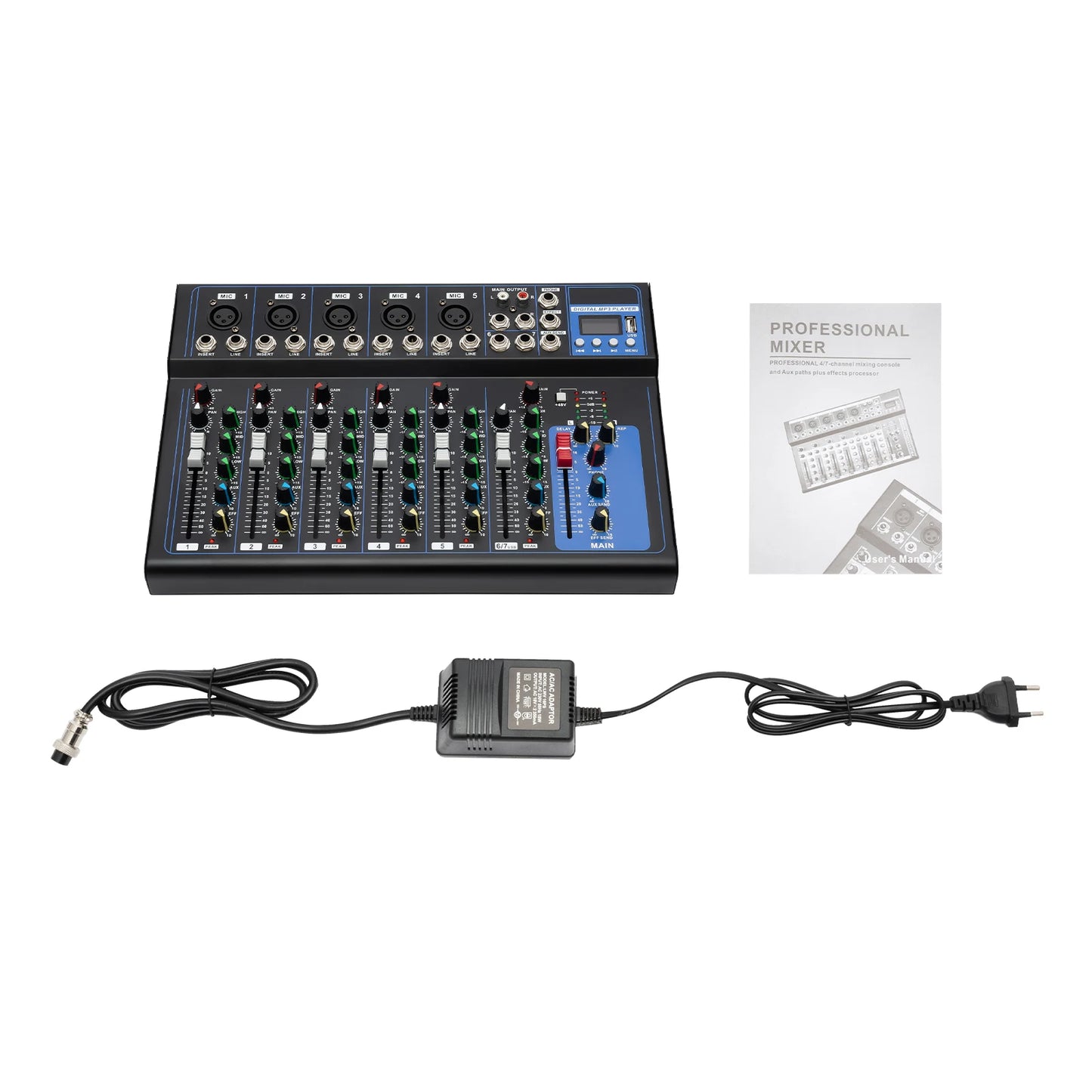 7/8-Channel Professioneller Mixer, Soundboard Konsole with Bluetooth USB PC Recording Input XLR Microphone Jack