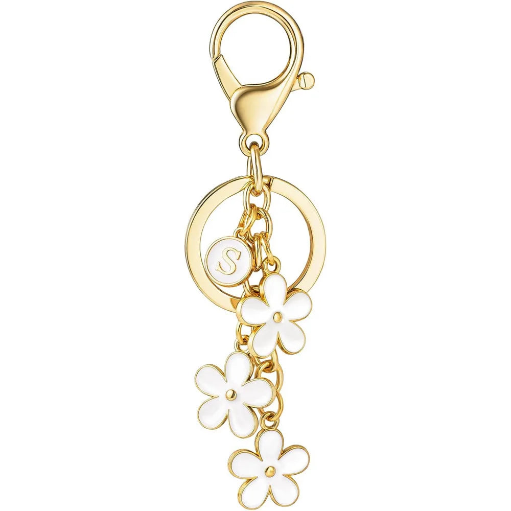 Initial Keychain White/Pink Flower Charms Key Cute Letter Keyring For Handbag Backpack