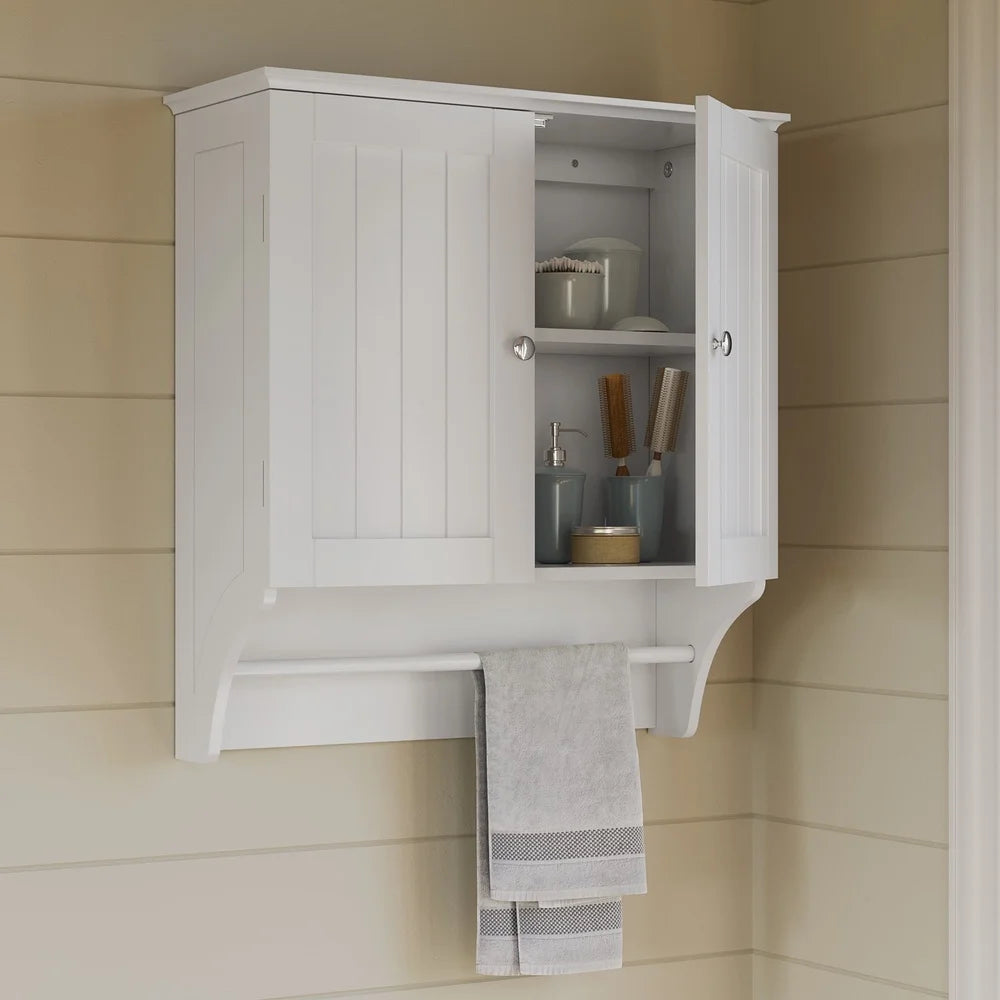 Two Door Wall Mount Bathroom Cabinet Storage with Towel Bar Mirrored Knobs Medicine Cabinet Laundry Room Organizer White