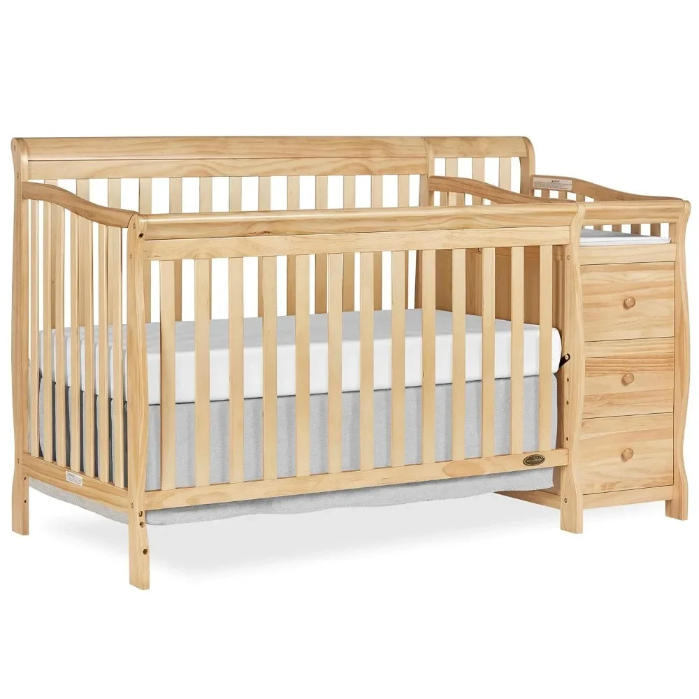 Multifunctional space-saving baby furniture for newborn to toddler with crib, changing table and 3-drawer dresser.
