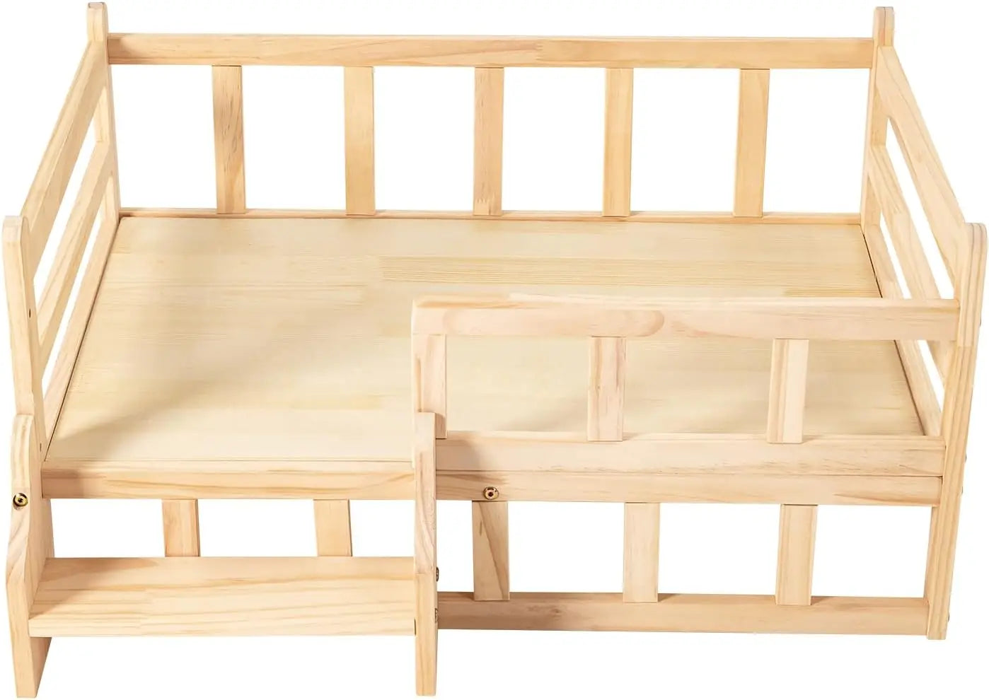 Solid Wood Elevated Pet Bed for Cats & Small Dogs, Natural Pine Wood, Non-Toxic, Easy Assembly, with Safety Fence/Anti-Slip Pads