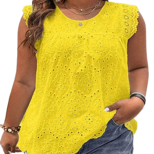 2024 New Fashion Casual Plus Size Shirt Sleeveless Hollow Solid Color Round Neck Lace Simple Versatile Casual T-shirt Top