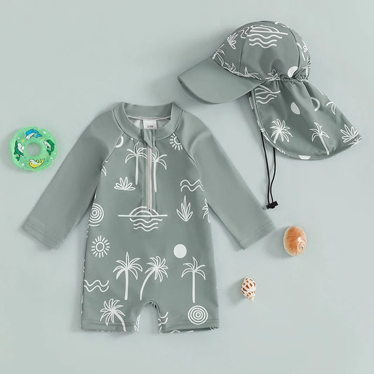 Child s Rash Guard Swimsuit Set with Tropical Palm Tree Print Long Sleeve Mock Neck Zip Bathing Suit and Matching Hat 2 Pieces