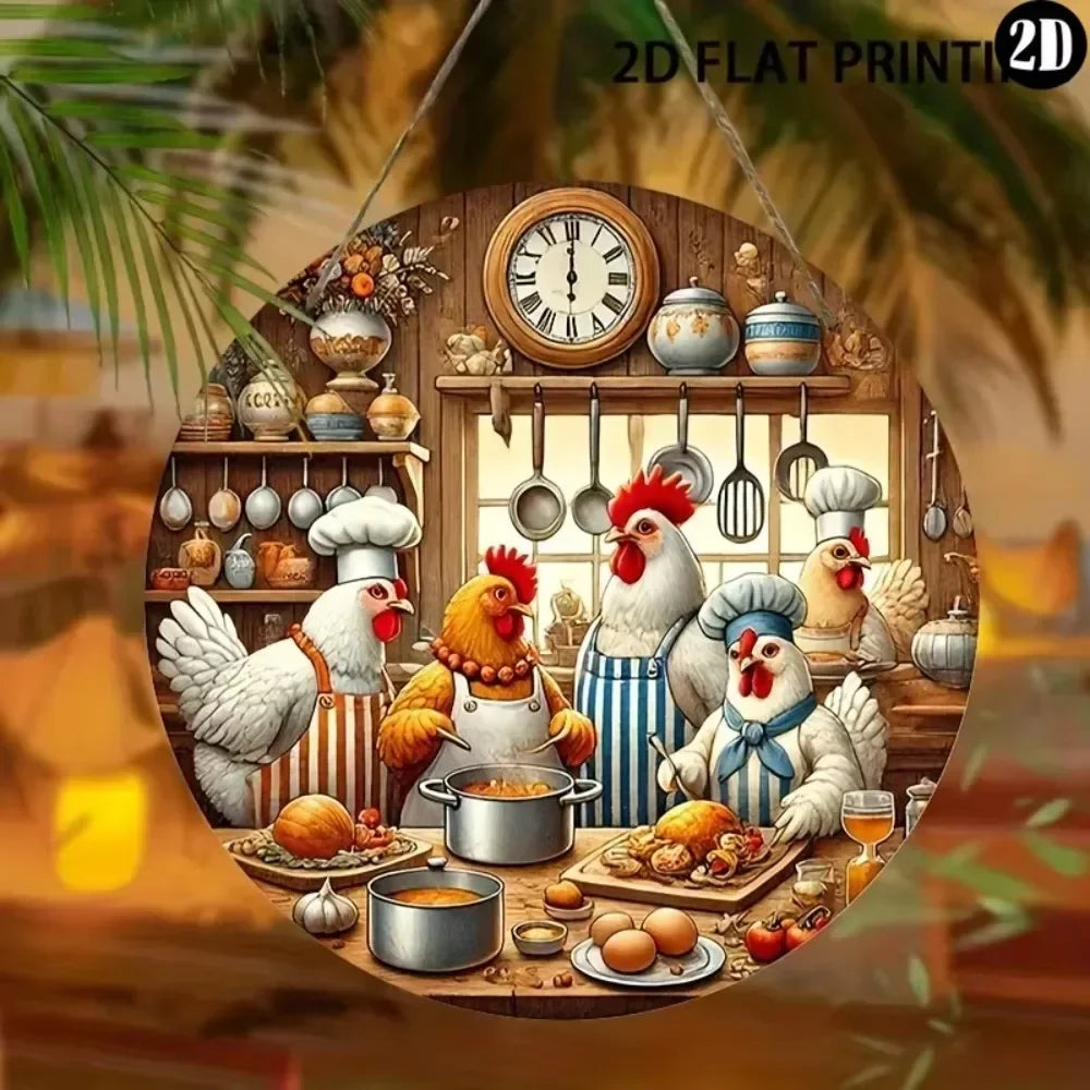 Wall Art，ChickenShield™ Country Kitchen Chickens Round Wall Sign | Weather - Resistant Material | Ornate Patterns | Versatile De