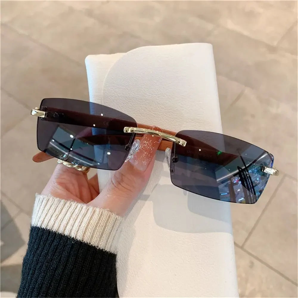 Rimless Sunglasses Men Women Wooden Pattern Luxury Brand Retro Square Sun Glasses Fashion Shades UV400 Travel Outdoor Eyewear