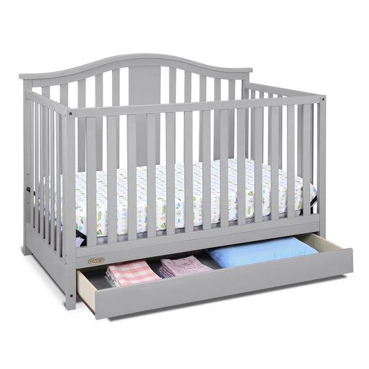 Solano 4-in-1 Convertible Crib with Drawer - Pebble Gray,equipped with a 3-position adjustable mattress support base