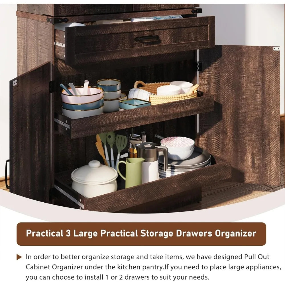 71" Tall Kitchen Pantry Cabinet with 3 Drawers,Farmhouse Storage Cabinet with 6 Barn Door Shelves,with Load-Bearing Steel Pipe