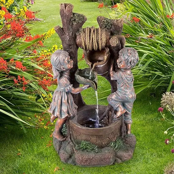 Outdoor Water Feature: Boy and Girl Statue with Cascading Fountain and LED Lighting for Garden or Patio by Pure Gard
