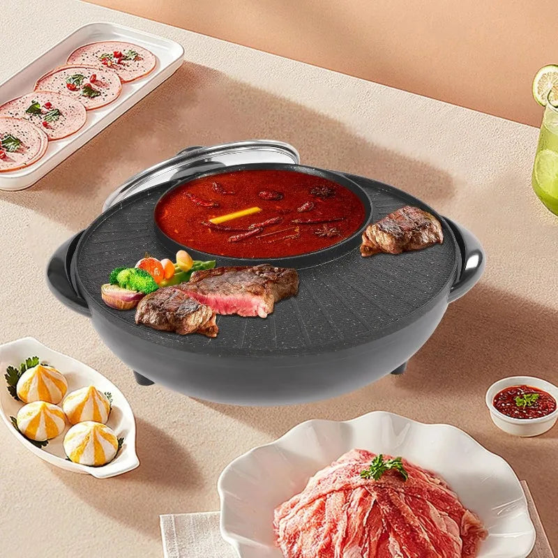 2 in 1 Electric Hot Pot and Grill, Shabu Pot with Divider,Portable Smokeless Grill, Circular Hotpot with Lid, for 3-5 People