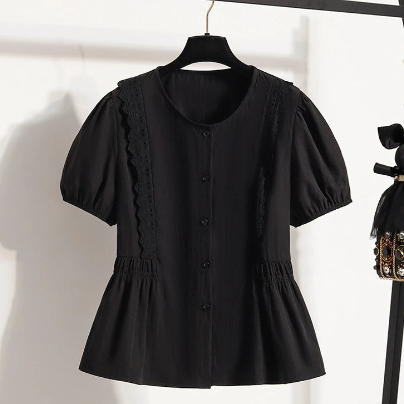 Plus Size Women's Shirts Summer 2025 French Style Sweet Lace Border Thin Top Waist Cinched Short Sleeved Doll Shirt Casual Tops