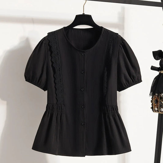 Plus Size Women's Shirts Summer 2025 French Style Sweet Lace Border Thin Top Waist Cinched Short Sleeved Doll Shirt Casual Tops