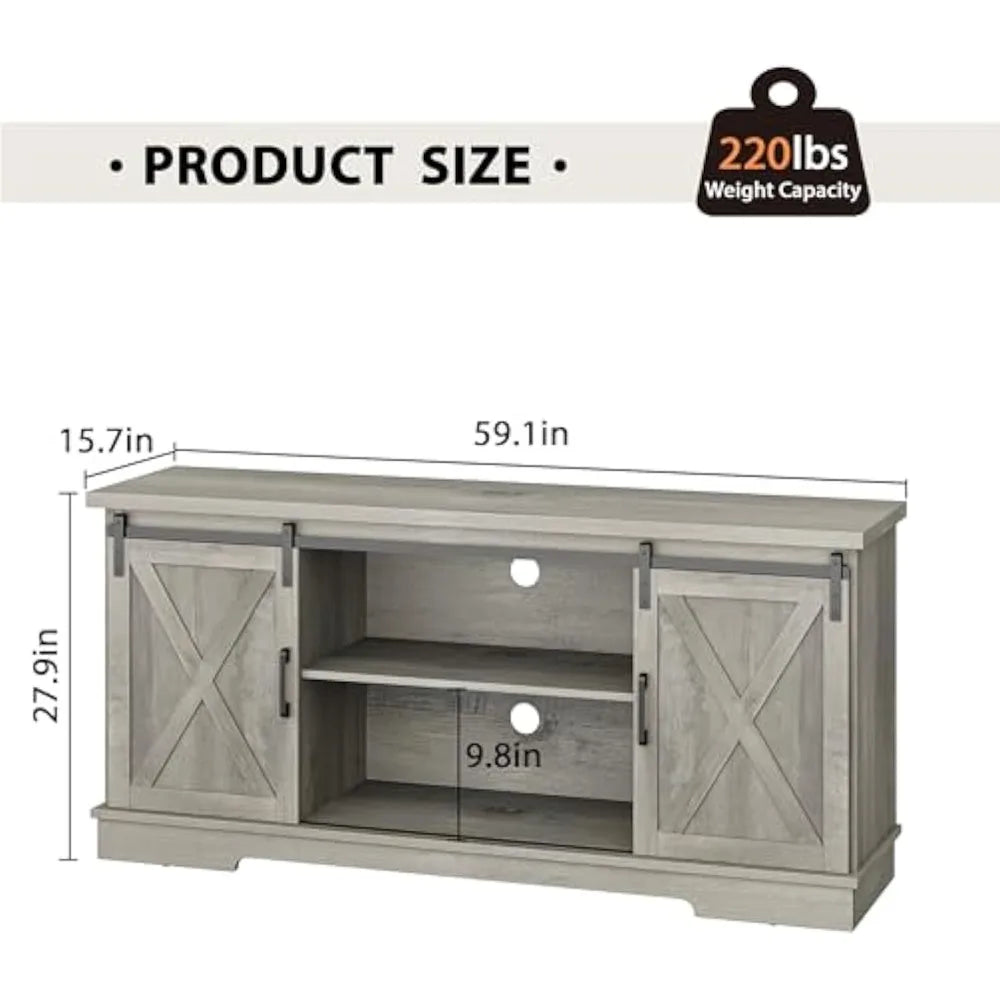 Grey Farmhouse Cabinet, 65 Inch TV Stand with Storage, Barn Doors and Shelves, Modern TV Console Table Furniture for Living Bed