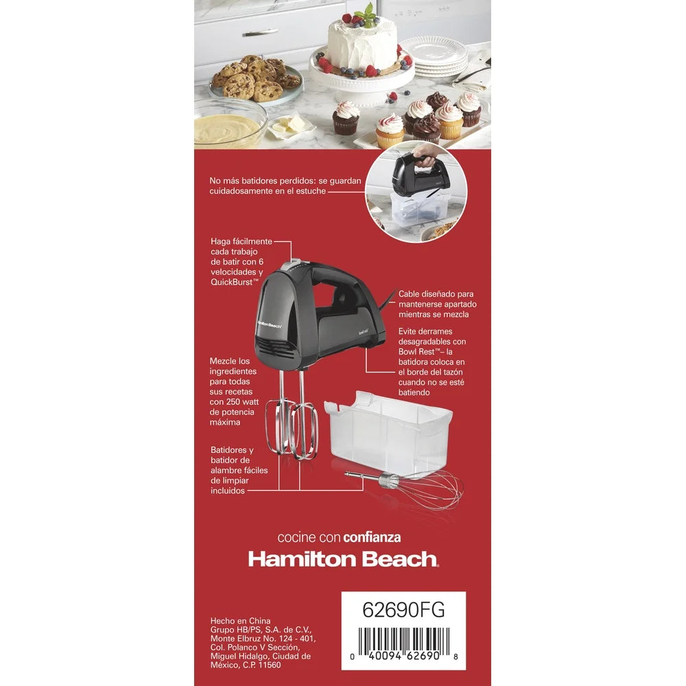 6 Speed Hand Mixer 300W Motor Includes 5 Attachments Bowl Rest Feature Dishwasher Safe QuickMix Beaters Whisk Dough Hooks