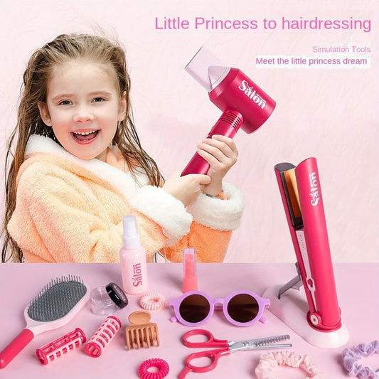 Girls Beauty Salon Set Fake Dress Up Stylist Barber Tool Kit with Hair Dryer Scissors Barber Apron and Styling Accessories