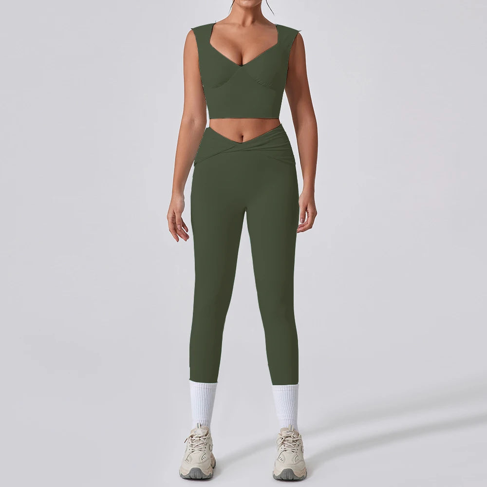 2PCS Women Yoga Set Workout Pant Outfits Fitness Sportswear Gym Tracksuit High Waist Flare Leggings Sports Bra Athletic Wear