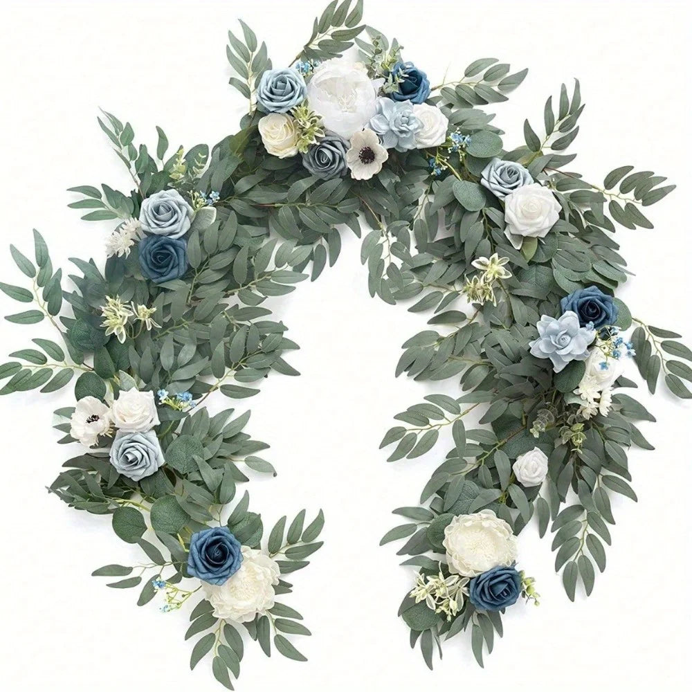 5.9ft Eucalyptus Willow Leaf Garland with Flower, Handcrafted Wedding Sweetheart Table Centerpieces Arch Backdrop Decorations
