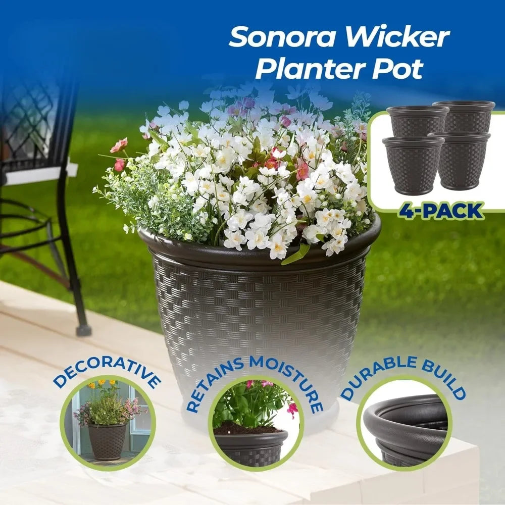 18 Inch Plastic Wicker Decorative Garden Flower Planter Planting Pots for Garden, Backyard (4 Pack)