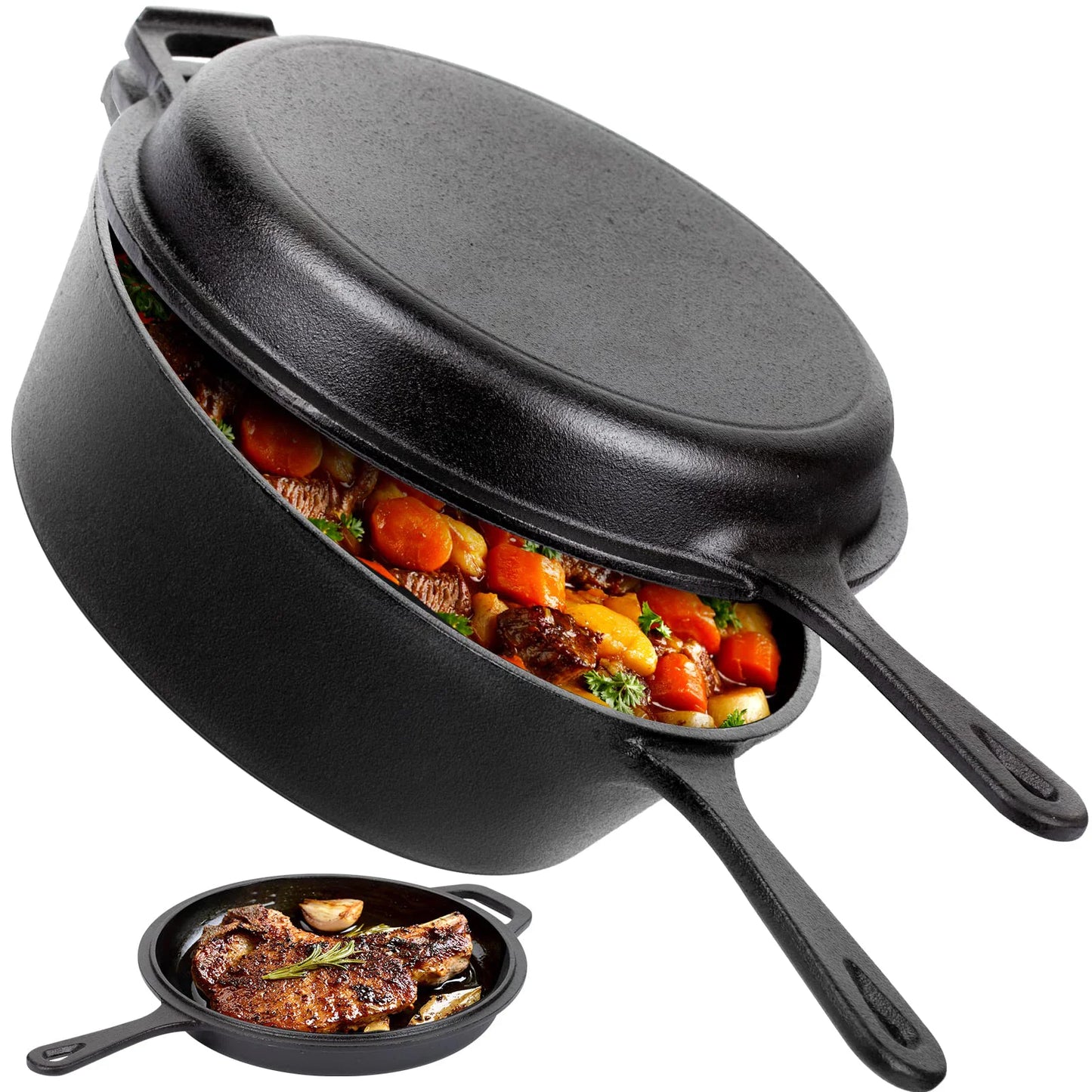 Dutch Oven and Skillet Combo Preseasoned Cast Iron Set 2 in 1