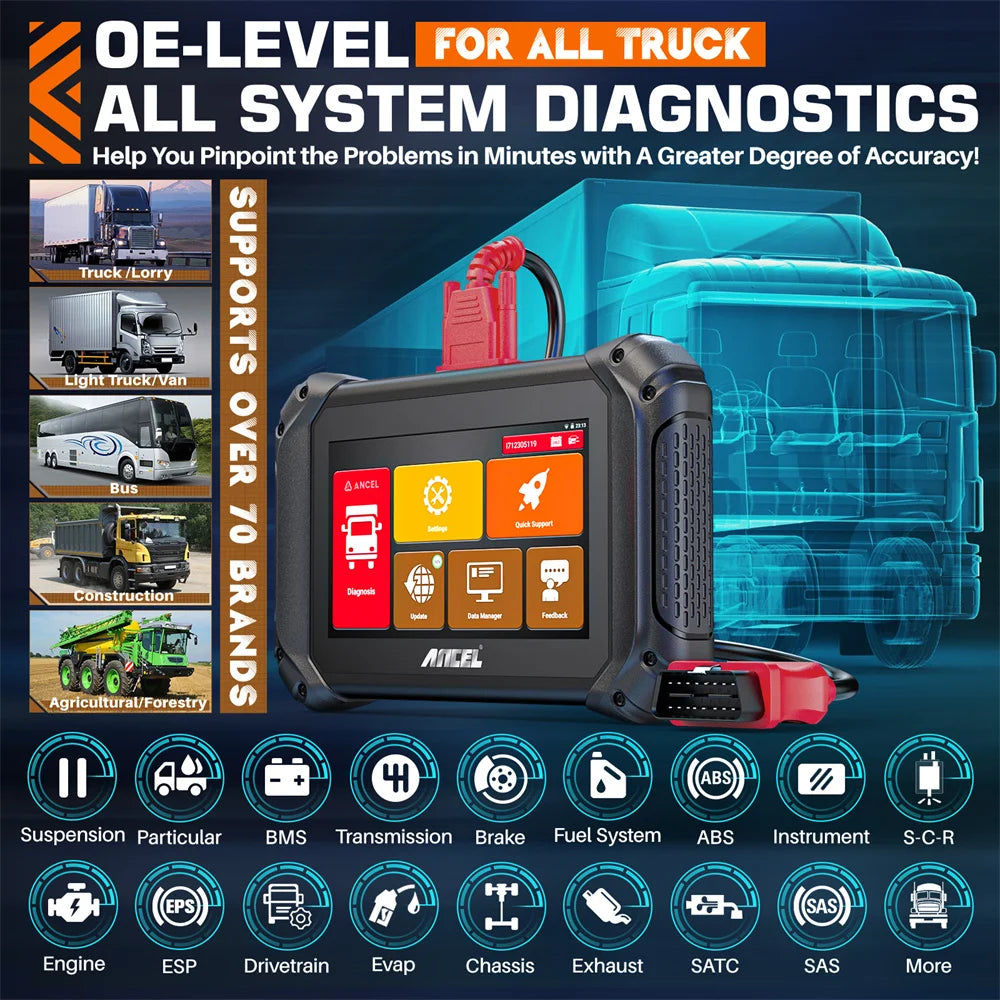 ANCEL V5 HD Heavy Duty Truck Scanner Semi Truck Full System Diagnostic Bidirection Diesel for Cummins/Detroit/Caterpillar/Paccar