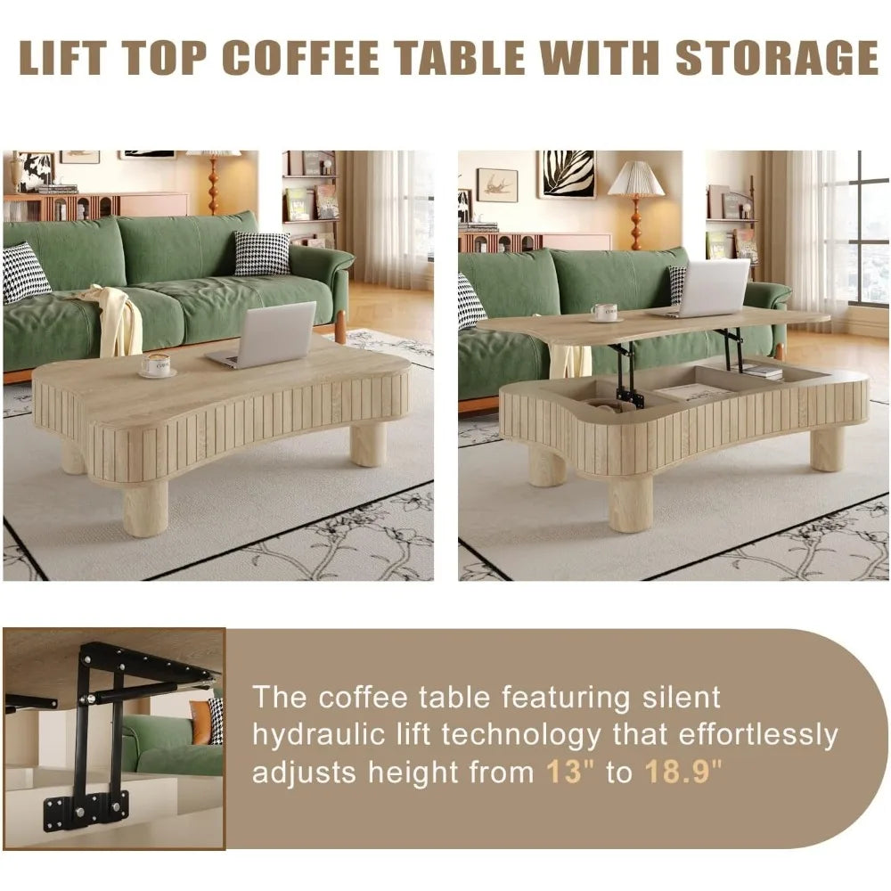 Lift Top Coffee Table with Hidden Storage, Lift Up Coffee Tables with Silent Hydraulic Lift, Cloud Shape Low Center Table Accent