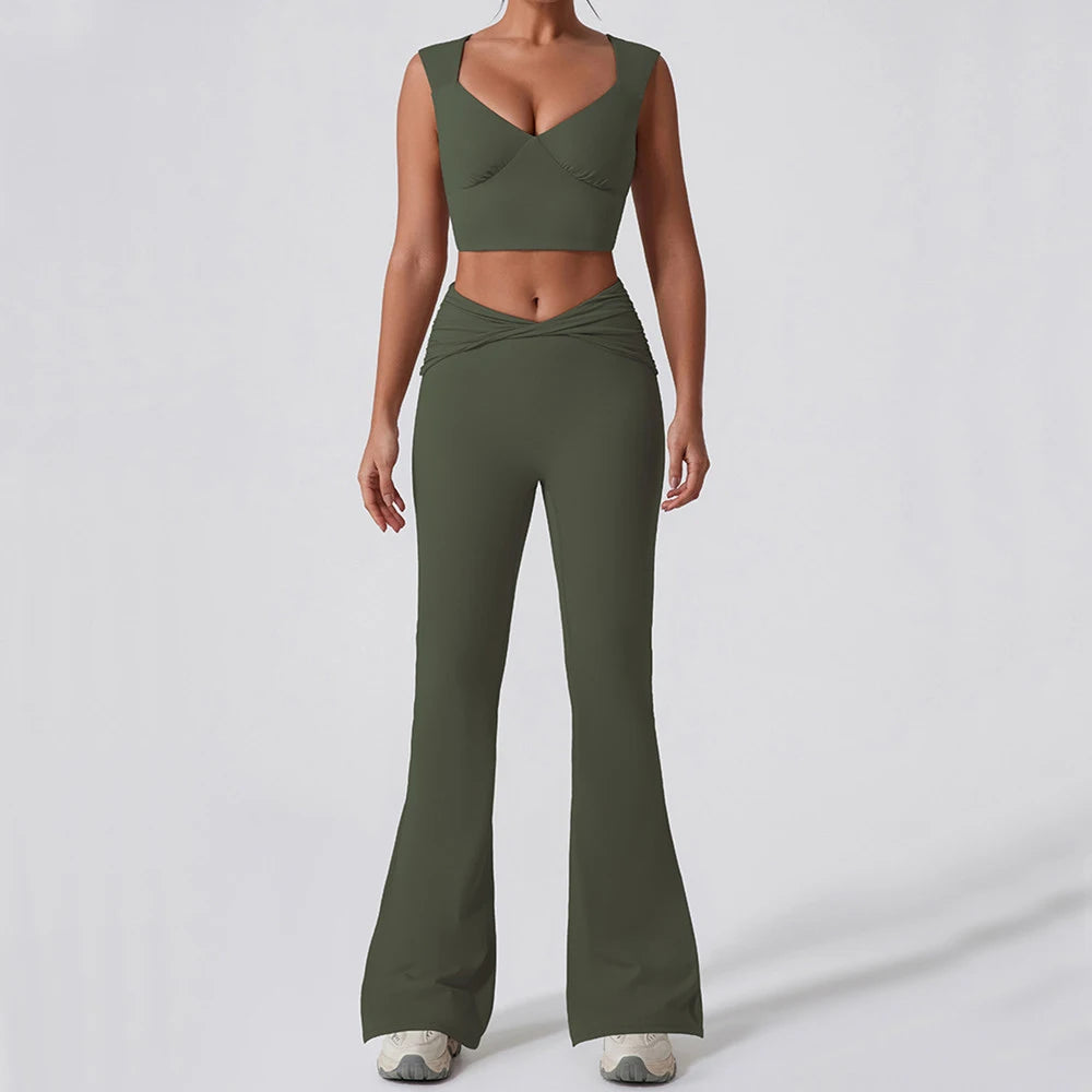 2PCS Women Yoga Set Workout Pant Outfits Fitness Sportswear Gym Tracksuit High Waist Flare Leggings Sports Bra Athletic Wear