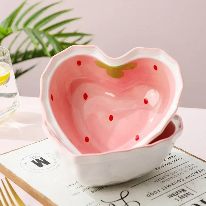 Strawberry Ramen Bowls and Spoons Creative Ceramics Anti-scald Instant Noodle Bowl Cute Strawberry Bowl Pretty Bowl Soup bowl