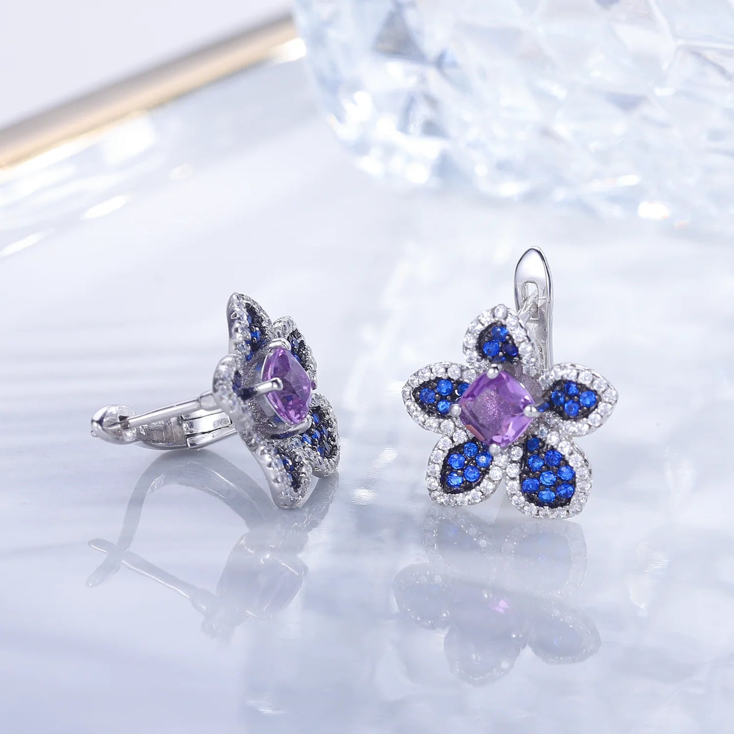 GEM'S BALLET 925 Sterling Silver Earrings Ring For Women Natural Amethyst Gemstones Flower Handmade Statement Stud Earrings