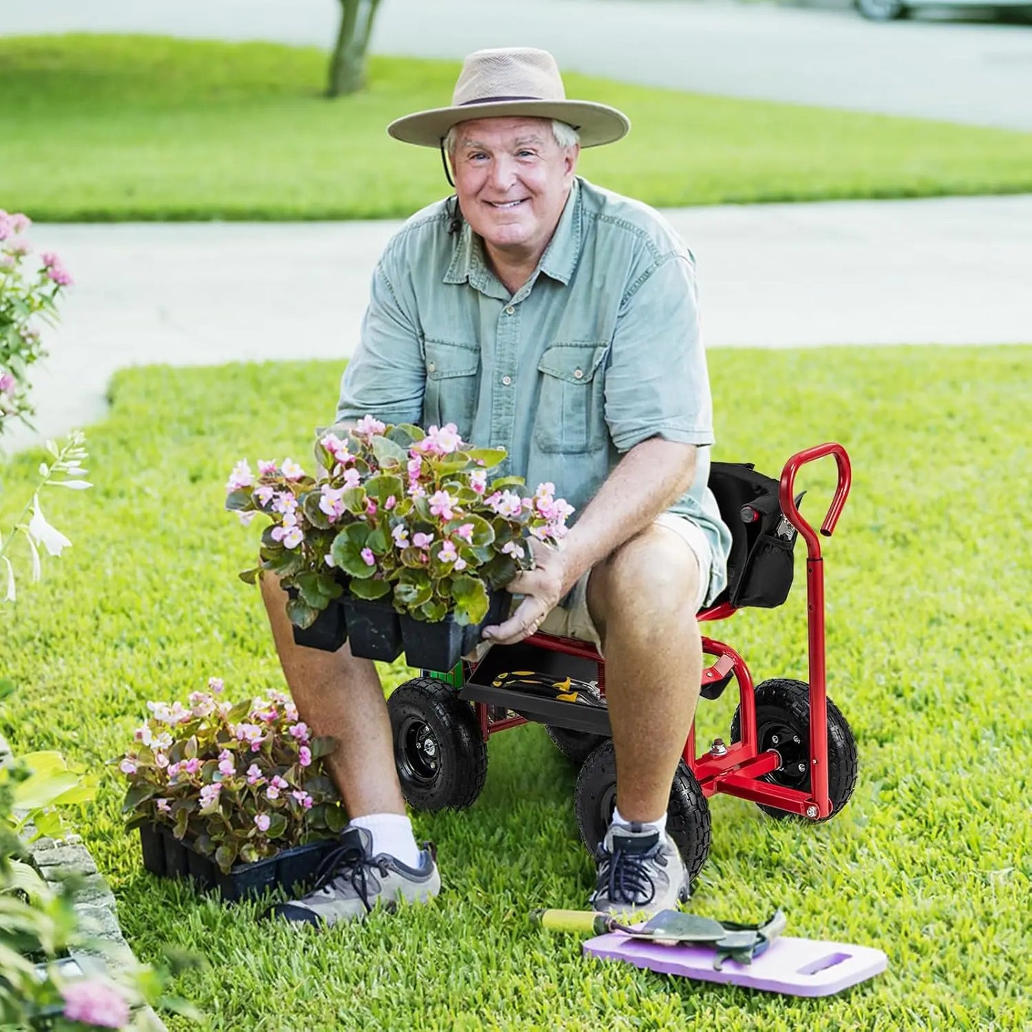 Goplus Garden Cart, Outdoor Rolling Garden Scooter W/Adjustable 360 Degree Swivel Seat, Tool Tray & Storage Basket