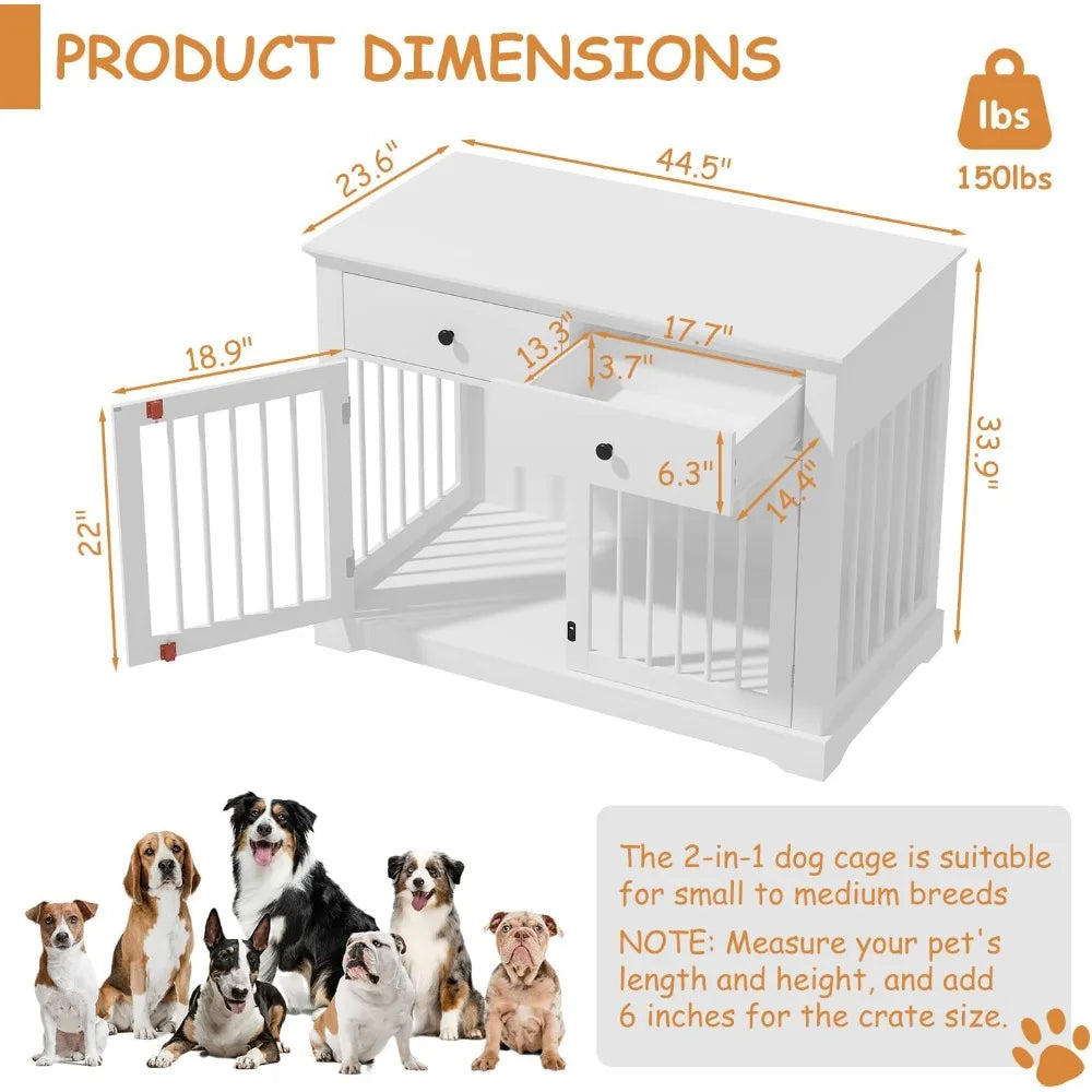 Dog Crate Furniture, 44 Inch Wooden Dog Kennel Indoor with 2 Storage Drawers, Heavy Duty Large Dog Crate Furniture