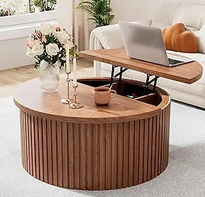 Round Fluted Lift Top Coffee Table with Storage 34.6 Inch Farmhouse Round Coffee Table for Living Room Circle Wood Accent Center