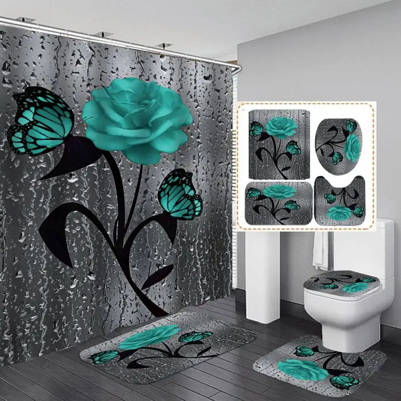 4 Piece Set Doormat Shower Curtain Non Slip Rugs Toilet Seat Cover Bath Carpet Durable Waterproof Bathroom Home Entrance Decor