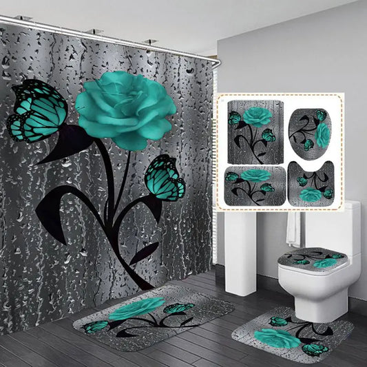 4 Piece Set Doormat Shower Curtain Non Slip Rugs Toilet Seat Cover Bath Carpet Durable Waterproof Bathroom Home Entrance Decor