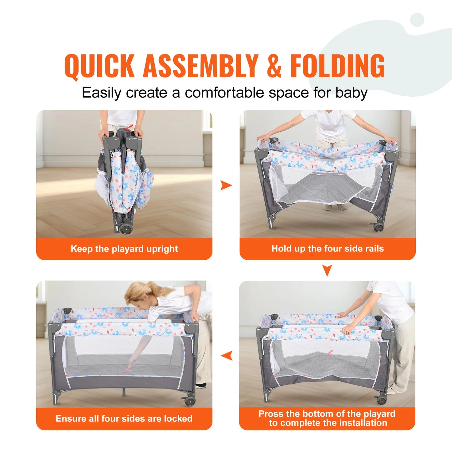 SucceBuy Baby Bassinet 77 pounds Load Capacity Easy to Fold Portable Baby Bassinet Bedside Sleeper with Storage Basket & Wheels