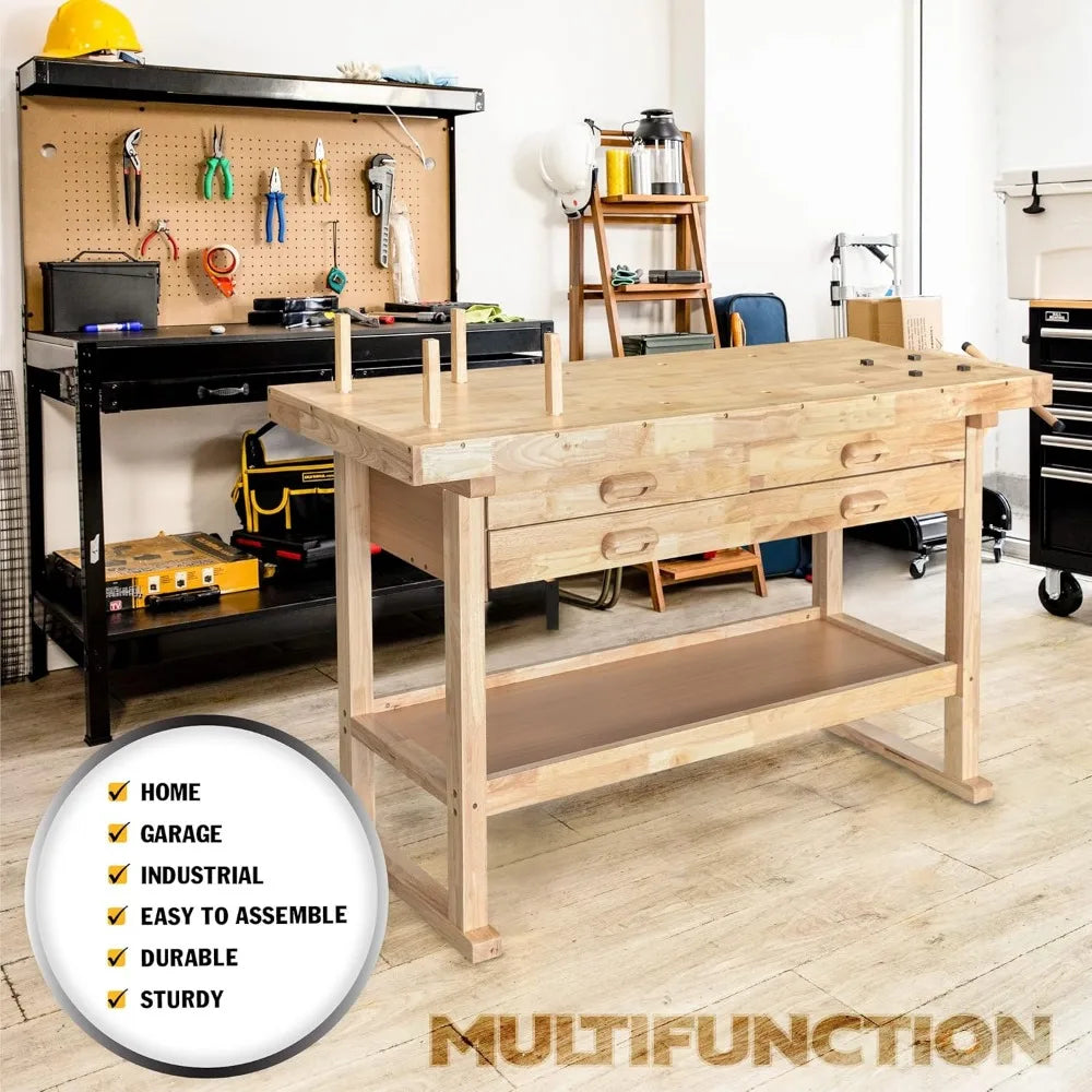 60-Inch Wooden Workbench - Rubberwood Workbench with 4-Drawer, 450lbs Weight Capacity - Perfect Workbench for Garage, Workshop