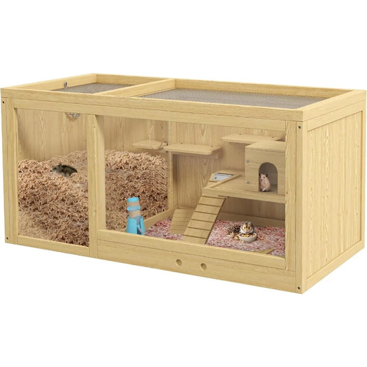 Wooden Hamster Cage, Extra Large Gerbil Cage, Multi-Layer Small Animal Cage for Dwarf Hamster, Activity Center with Pull-Out Tr