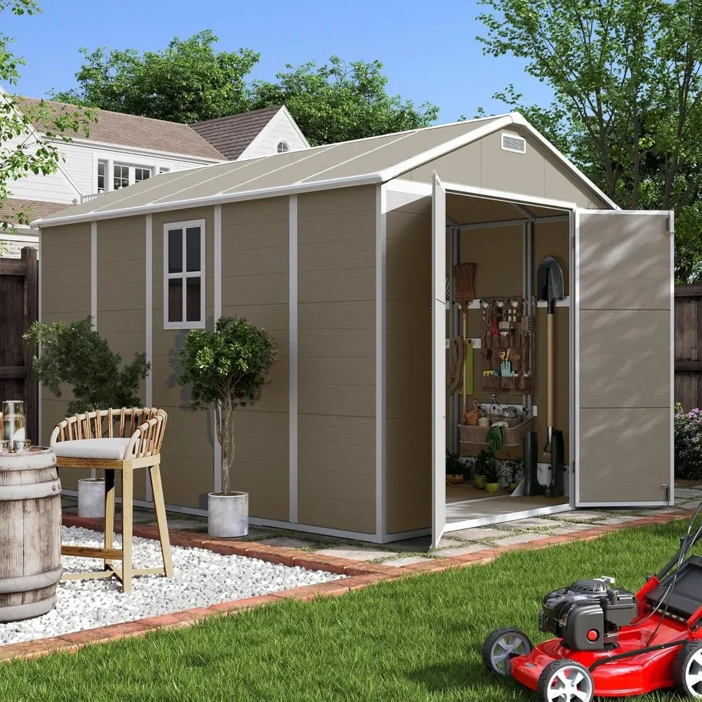 Outdoor Storage Shed 7.5x10.7 FT, Plastic Garden Shed for Bike, Garbage Can, Tool, Outside Sheds & Outdoor Resin Shed with Lock