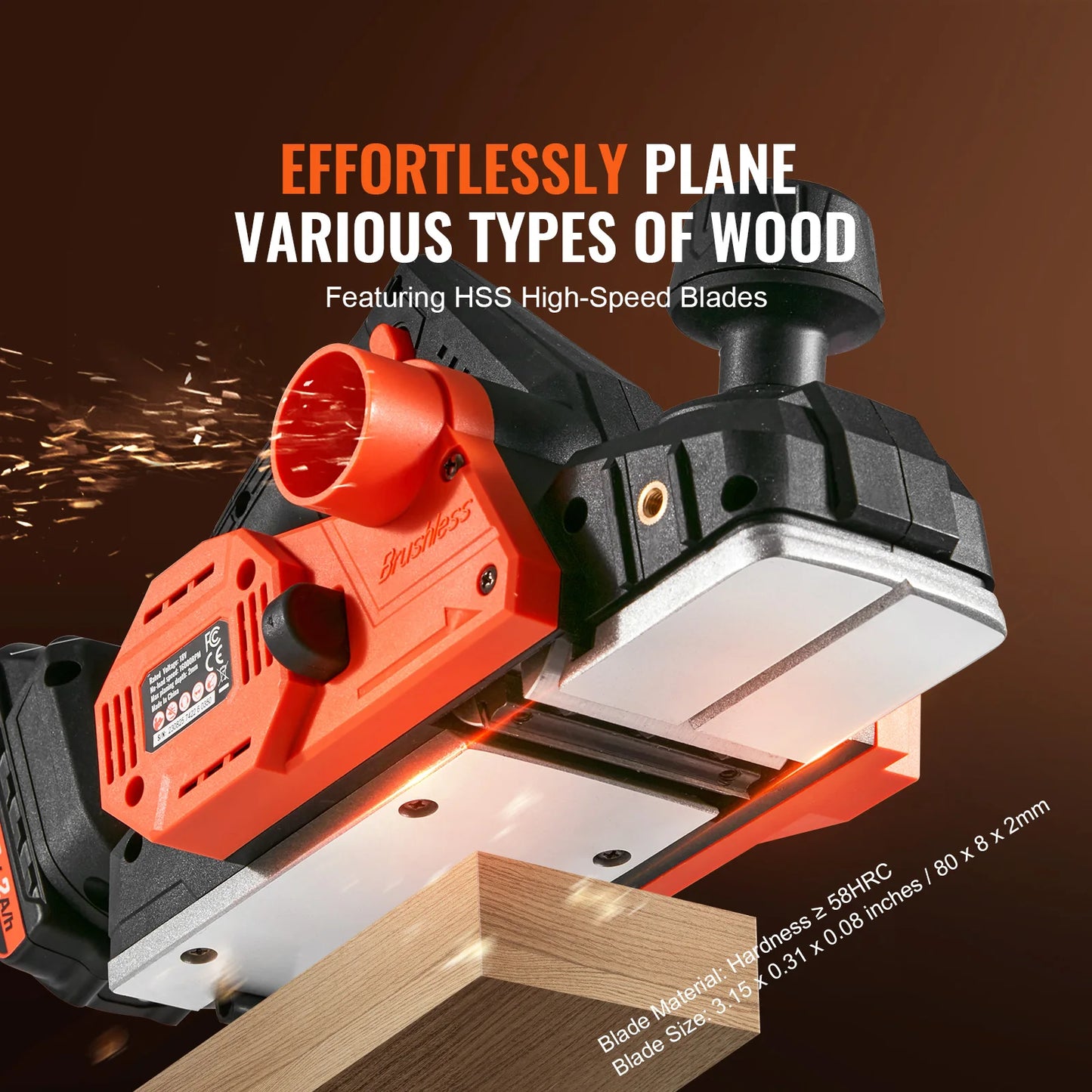 VEVOR Cordless Electric Hand Planer 3-1/4" Width 16000 RPM with Battery 5/64" Adjustable Depth HSS Blades for Woodworking Use